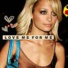 A static image of a person with blonde hair wearing a dark top and blue straps, with text overlay reading LOVE ME FOR ME.