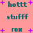 Pixelated teal text on pink background with purple stars, displaying 'hottt', 'stufff', and 'rox' in a with animated star positions
