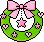 Two identical pixel-art wreaths with green foliage, pink bows, and pink star and heart accents on gray background.