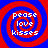 Four identical spiral patterns with red and blue concentric rings, each containing white text reading 'peace love kisses' in a pixelated font.