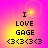 Pixelated text "I LOVE GAGE" with four heart symbols on a pink and yellow gradient background.