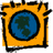 Pixelated orange frame with blue globe inside, surrounded by text in orange pixel font on white background.