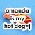 Pixelated hot dog with yellow mustard on red sausage in orange bun, blue background, text overlay reading 'amanda is my hot dog=]'.
