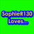 Pixelated character in blue vehicle with red wheels, wearing white helmet with red dot and yellow shirt, on green background with text "SophieR130 Loves...".