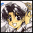 Pixelated anime-style character with dark hair and yellow skin, wearing a white hat and gray clothing, positioned next to black background with white text.