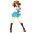 Pixelated anime-style character with brown hair in a blue dress and black thigh-high socks, standing in a dynamic pose with one arm raised.