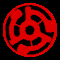 Nine red circular icons with black inner patterns arranged in a on a black background, each displaying distinct rotational variations of the same symbol