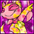 Pink cartoon dragon with closed eyes, yellow and orange floral patterns on body, purple background with white sparkles.