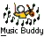 Pixelated character in yellow shirt plays violin with pink bow amid scattered black musical notes on gray background, text "Music Buddy" below.