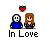 Pixel art of two figures standing side-by-side under a red heart symbol, with 'In Love' text below them on a gray background.