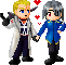 Pixel art characters in blue and white outfits holding hands with red hearts floating above them, showing facial expression changes.