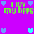 Pixelated purple background with green text reading 'I LUV my bffs' and blue/cyan heart symbols scattered throughout the composition.