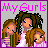 Pixel art icon featuring three cartoon girls with distinct hairstyles and expressions under pink text reading 'My Gurls' on a gray background, bordered by purple.