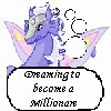 Animated sequence of a purple dragon with pink wings and white mane, transitioning from thought bubbles to gold coins while text reads 'Dreaming to become a millionaire'.