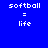 Pixelated blue background with green rectangular bars and white text reading "softball = life" in six positions
