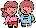 Two cartoon children with brown hair stand side-by-side; one wears a pink shirt and red shorts, the other blue overalls. The child on the left has a ponytail bow.