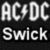 Static pixel art displays 'AC/DC' in large blocky letters above 'Swiek' on a black background with grayscale shading.