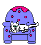 Pixel art of a white cat lying on a blue armchair with pink accents, showing two distinct expressions and tail positions