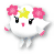 Pixelated cartoon character with white face, black eyes, pink cheeks, yellow star on forehead, and two pink flowers held in gray arms against transparent background.