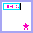 Six square each display 'mac:' text in pink pixelated font within a black-bordered cyan rectangle, with distinct colored stars below