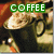 Green banner with white 'COFFEE' text overlays a pixelated image of a coffee cup and steam.