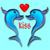 Two blue dolphins face each other with a red heart above and red pixelated text below on a light blue background.