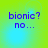 Pixelated blue text 'bionic? no...' on a gradient background shifting between green and cyan hues.