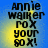 Blue background with yellow gradient center displaying text 'Annie Walker ROX your 80 X!' in black pixelated font across four