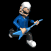 Animated character with white hair and sunglasses plays blue electric guitar in blue shirt and black pants against black background.