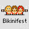 Animated pixel art contact sheet showing five sequential frames of three cartoon women in red bikinis holding dumbbells, with visible animation changes across the sequence.