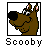 Pixelated cartoon dog head with brown fur, black nose, pink inner ears, and white eyes inside a black square frame above the word "Scooby" in pixel font.