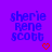 Purple background with blue text 'sherie Rene scott' repeated in a , each instance accompanied by a small red heart symbol