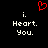 Red pixelated heart symbol above white text reading 'i. Heart. You.' on black background.