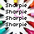 colorful marker pens surrounds a central white area with text and symbols, including repeated 'Sharpie' and 'Love' words in black pixelated font