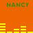 Orange background with green text "NANCY" and yellow bar graphs in four quadrants, static display.