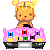 Pixel art animation of a cartoon character driving a pink car with multiple colored bow symbols on the hood, shown in two frames where the character's pose and car details change slightly.