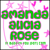 Green text reading 'amanda alicia rose' with pink outline over white background, surrounded by pink stars and hearts.