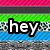 Pixelated text 'hey' appears in white with black outline on layered background of pink, green, blue, and gray stripes.