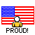 Pixelated figure in yellow shirt stands before American flag with 'PROUD!' text below, first frame shows static pose, second frame shows arms raised.