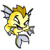 Yellow fish-like creature with brown mane and gray fins exhales blue bubbles in