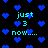 Pixelated blue hearts float on black background with cyan text 'just 3 now...' repeating in multiple positions.