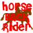 Static pixelated icon featuring red text "horse back rider" overlaid on a brown horse silhouette against white background.