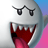 Pixelated ghost-like character with gray body, black eyes, red mouth interior, and pink tongue against gradient background.