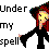 Pixelated image of a character with red hair and black clothing holding up one finger, next to text reading 'Under my spell' on white background.