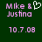 Green background with pink pixelated text reading "Mike & Justina" and date "10.7.08", one version featuring a white heart symbol replacing the ampersand.