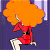 A pixelated cartoon character with orange hair and red dress running left on purple background, next to green text reading "Original Icons .com" in pixel font.
