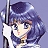 Pixelated anime-style character with dark blue hair and a white outfit holding a tall silver staff against a light purple background.