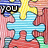 A puzzle-piece composition with blue, red, yellow, and green segments, displaying text fragments and a heart symbol.