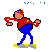 Pixelated character in red shirt and blue pants performs a sequence of dynamic poses on yellow platform with gray base.