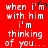 Red background with white pixelated text reading 'when i'm with him i'm thinking of you...' and a black heart symbol replacing the apostrophe in 'i'm' on the left side.